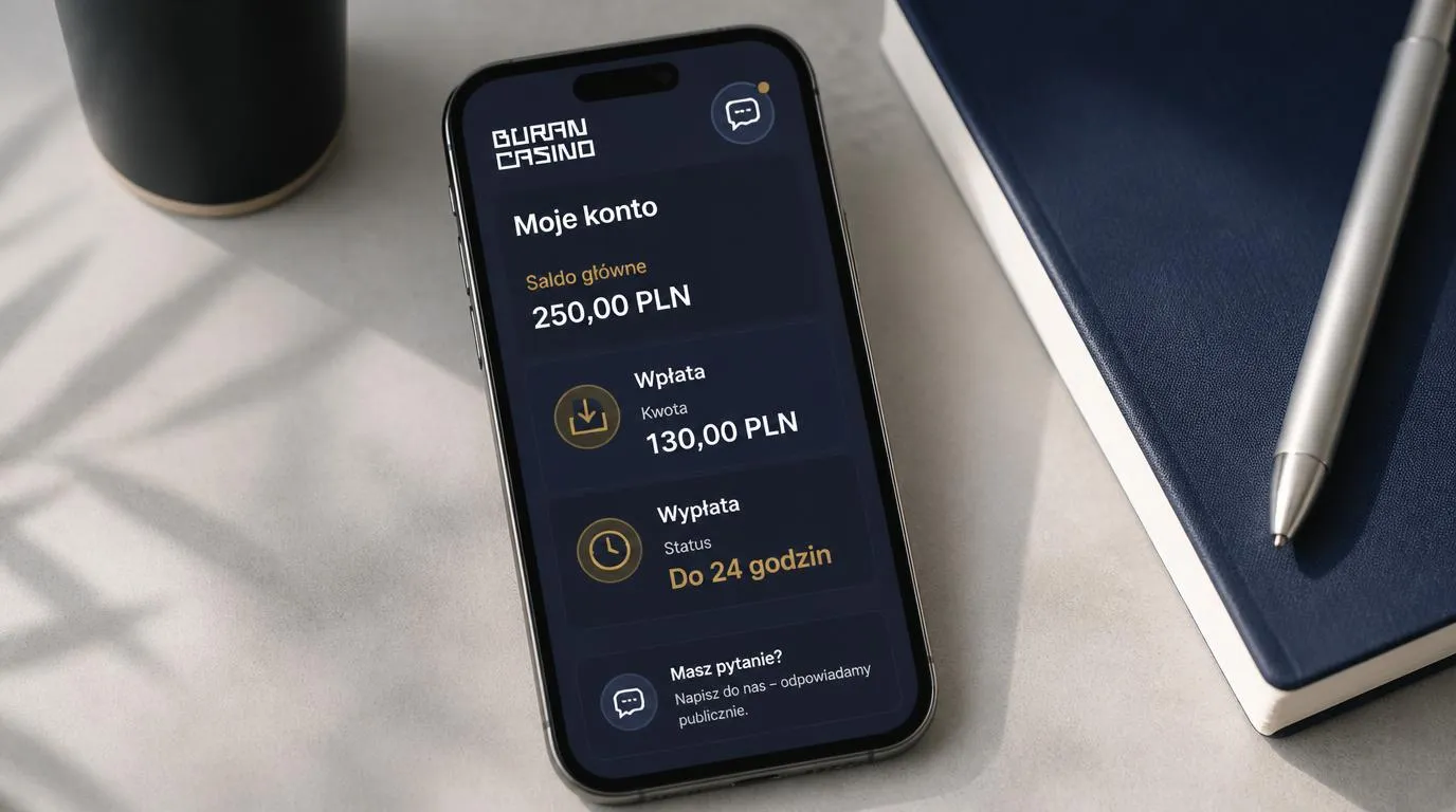Ekran kasyna z wpłatą od 130 PLN, wypłatą do 24 godzin i ikoną kontaktu