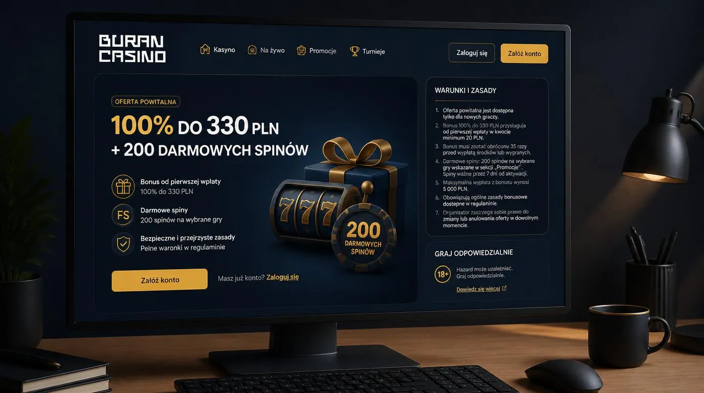 Ekran oferty powitalnej z kwotą bonusu, darmowymi spinami i widocznymi warunkami promocji