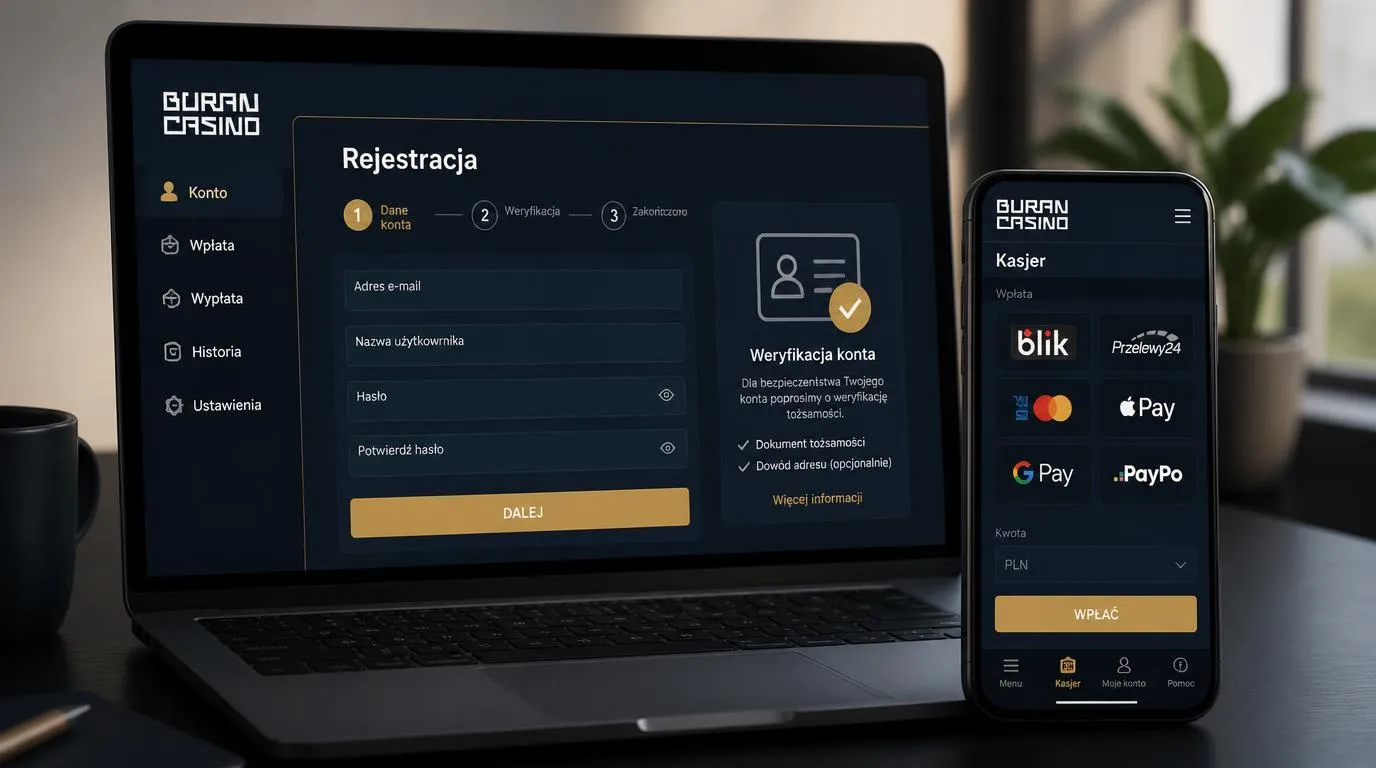 Ekran rejestracji i kasa kasyna z wyborem metody wpłaty