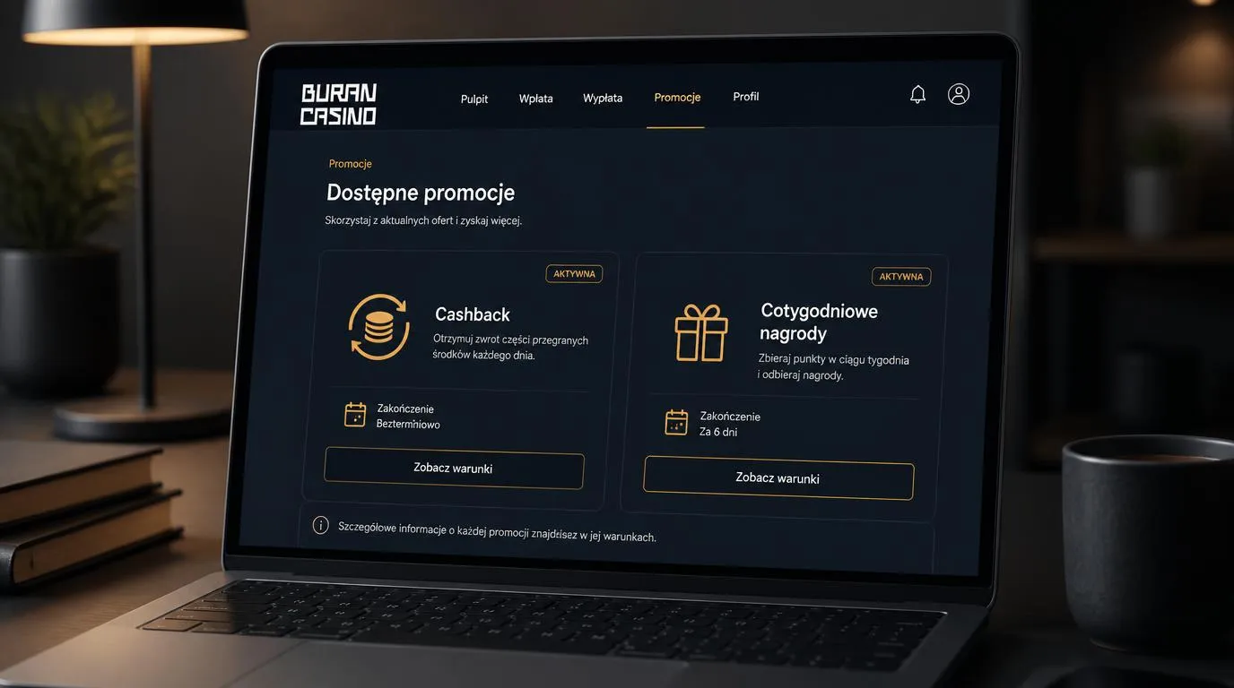 Panel promocji kasyna z kartami cashbacku i nagród tygodniowych